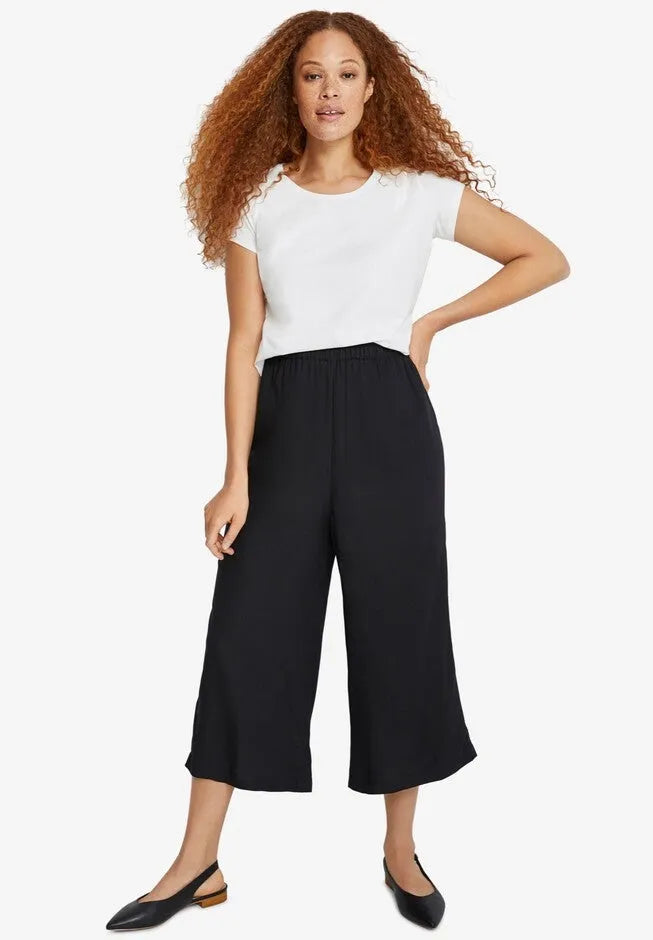 Stretch Knit Elastic Waistband Wide Leg Pants