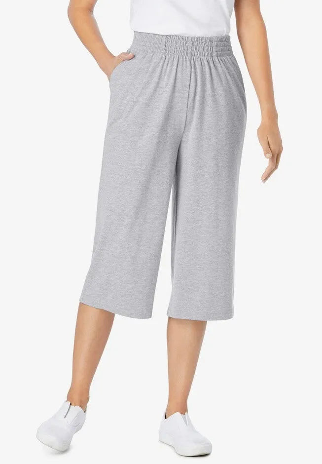 Elastic-Waist Pull-On Knit Pocket Capri Pants