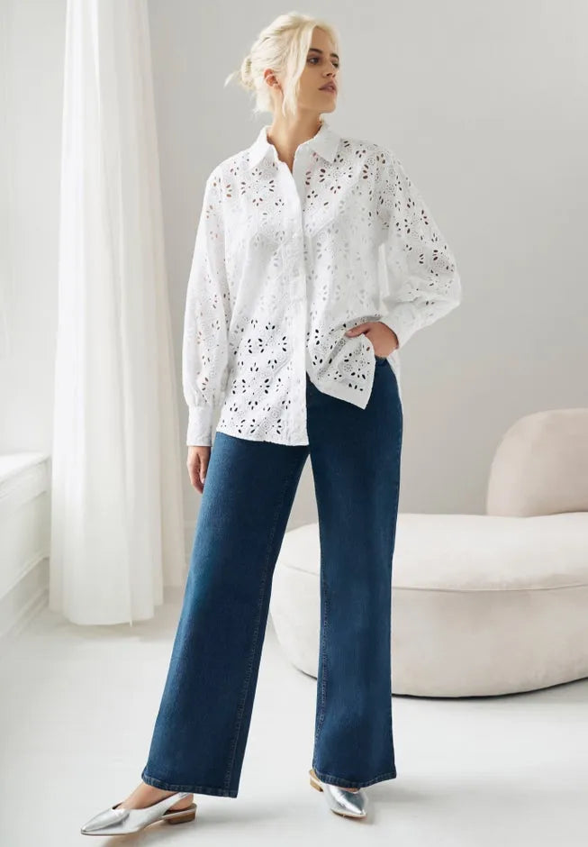 100% Cotton Cambric Eyelet Button-Front Blouson Sleeve Shirt