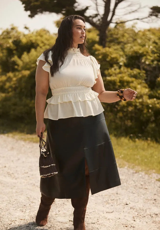 Paneled Faux Leather Midi Skirt