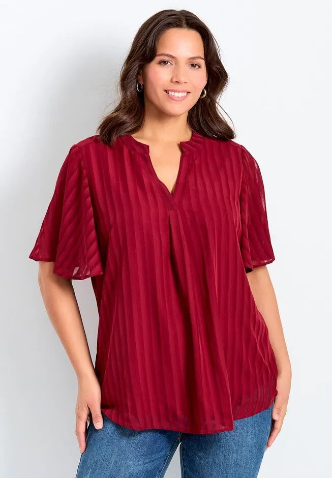 Split Neck Flutter Sleeve Blouse
