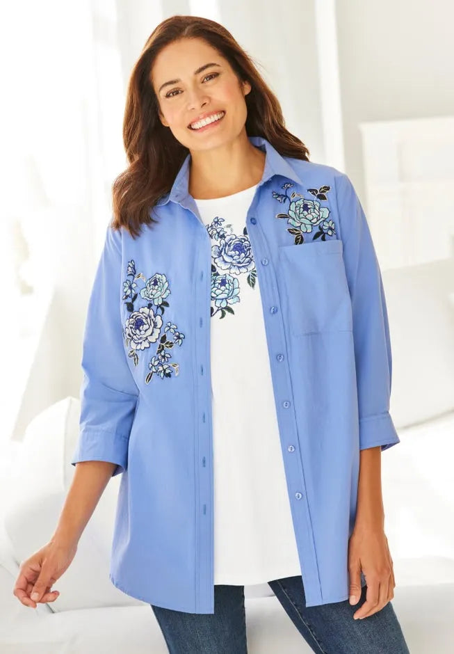 2-Piece Embroidered Poplin Tunic and Tee Set