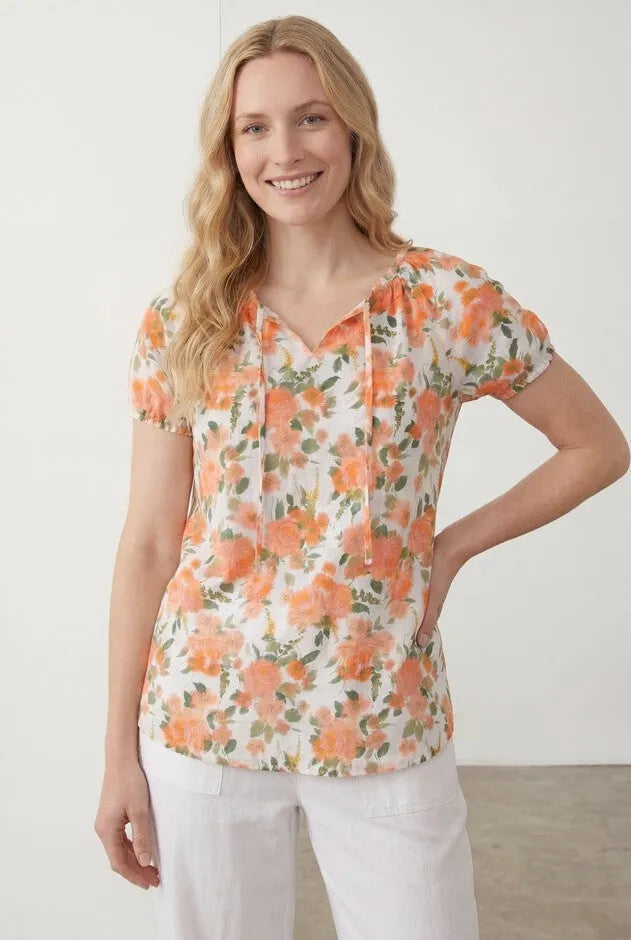 100% Cotton A-Line Peasant Blouse With Scoop Keyhole Neckline