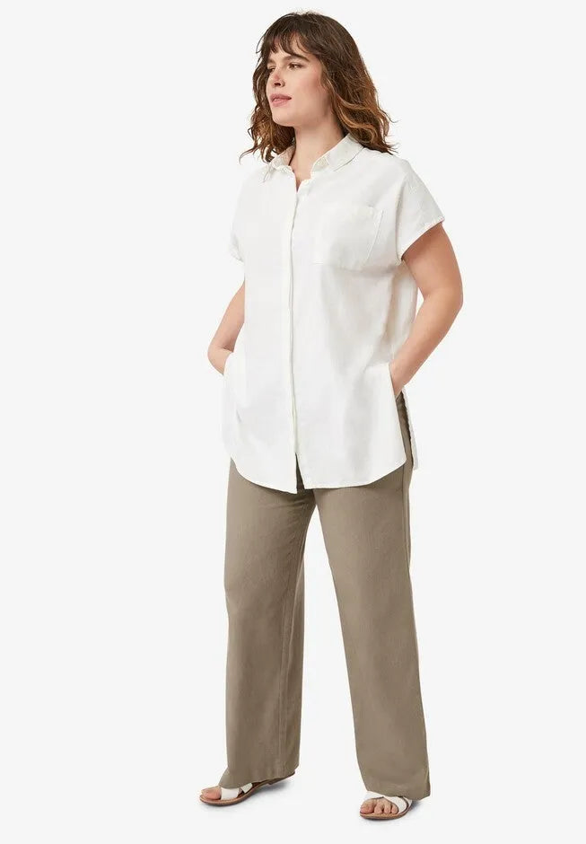 Linen-Blend Elastic Waist Drawstring Relaxed Pant