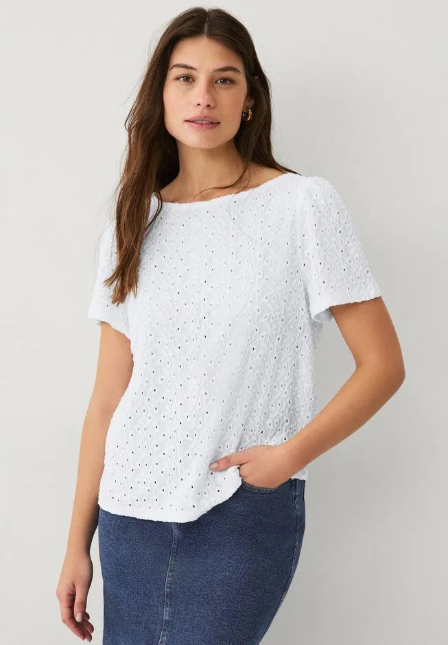 Stretch Knit Eyelet Flutter Sleeve Boat Neckline Relaxed Tee