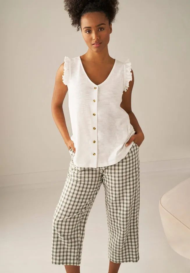 100% Cotton Wide Leg Gingham Seersucker Back Elastic Waist Crop Pants