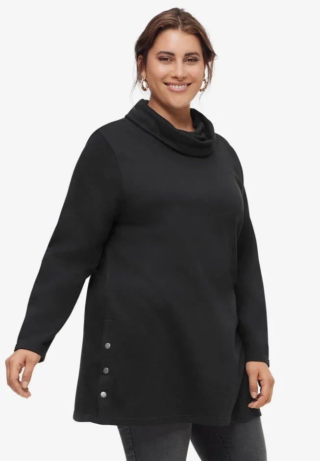 Side Snap Cowl Neck French Terry Sweatshirt Tunic