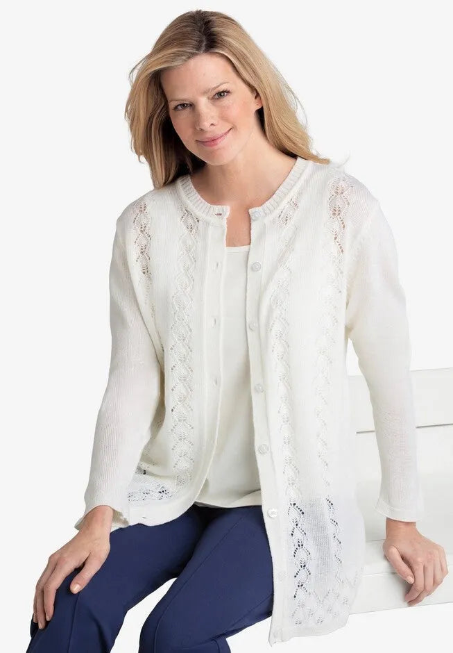 Long-Sleeve Pointelle Cardigan Sweater