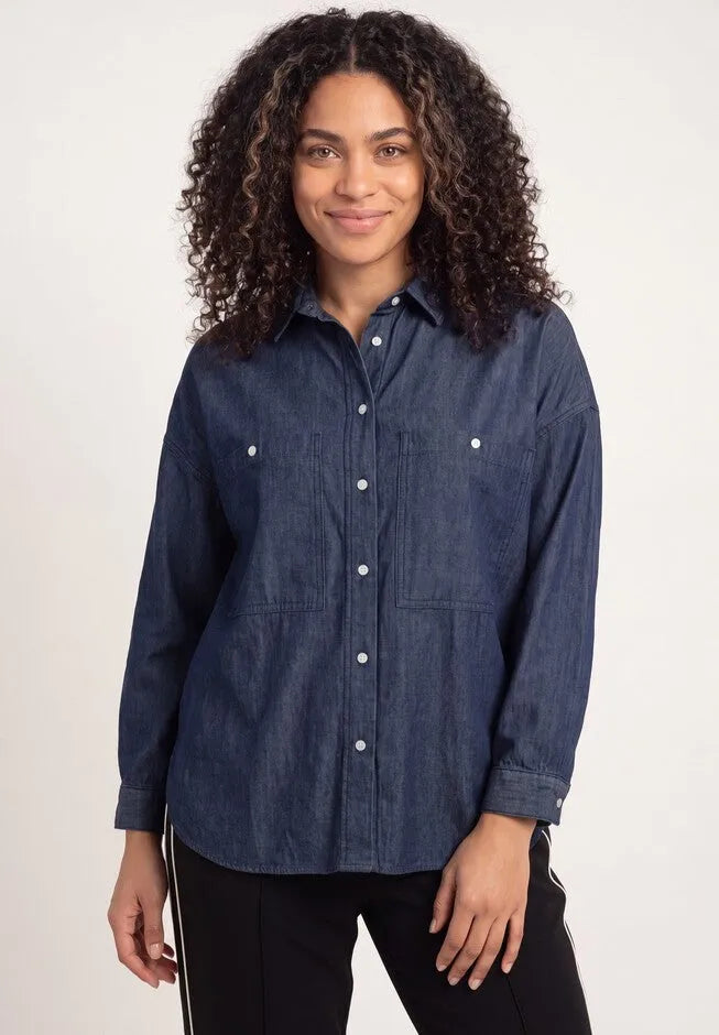 100% Cotton Denim Oversized Button-Front Collared Shirt