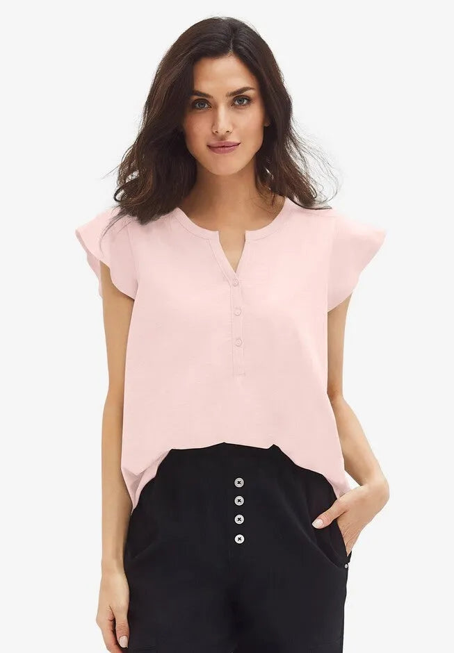 100% Cotton Slub Cap Sleeve A-Line Henley Tee
