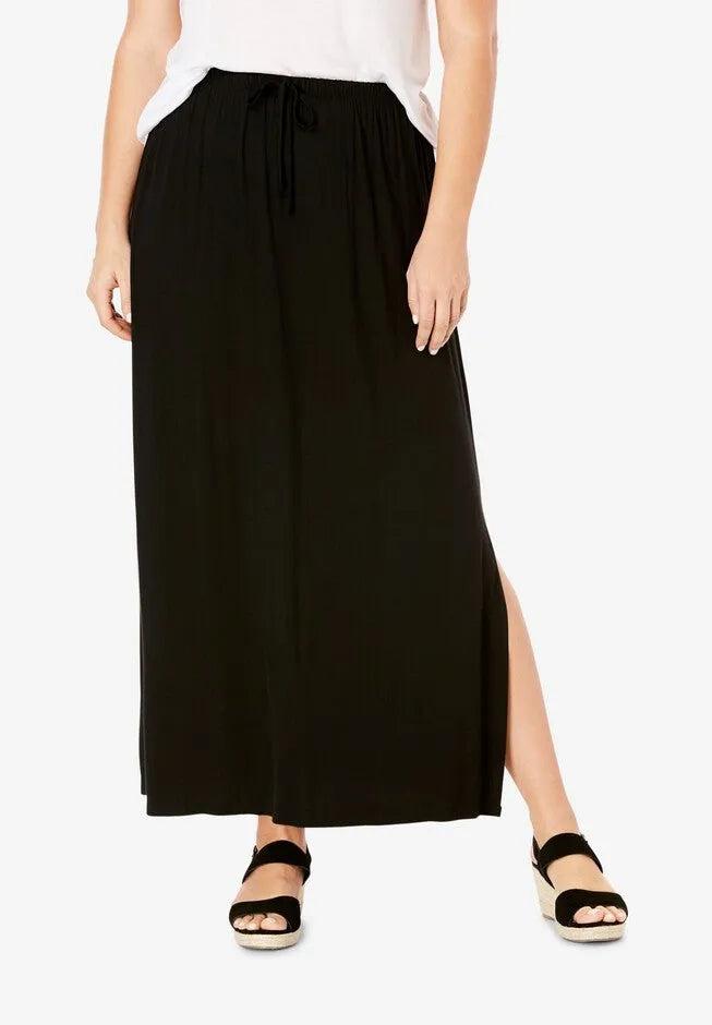 Stretch Jersey Knit Elastic Drawstring Waist Maxi Skirt