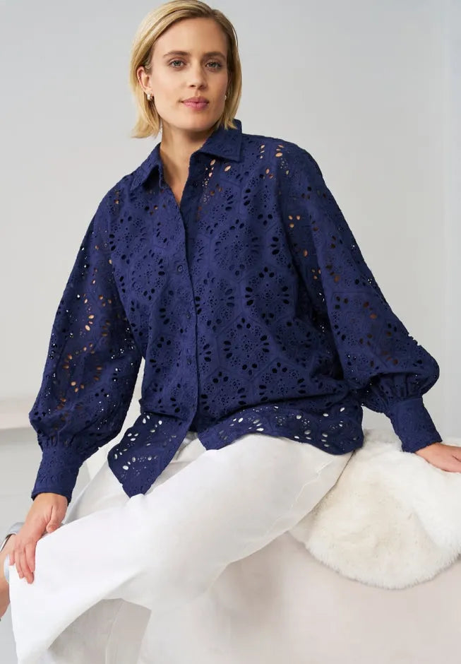 100% Cotton Cambric Eyelet Button-Front Blouson Sleeve Shirt