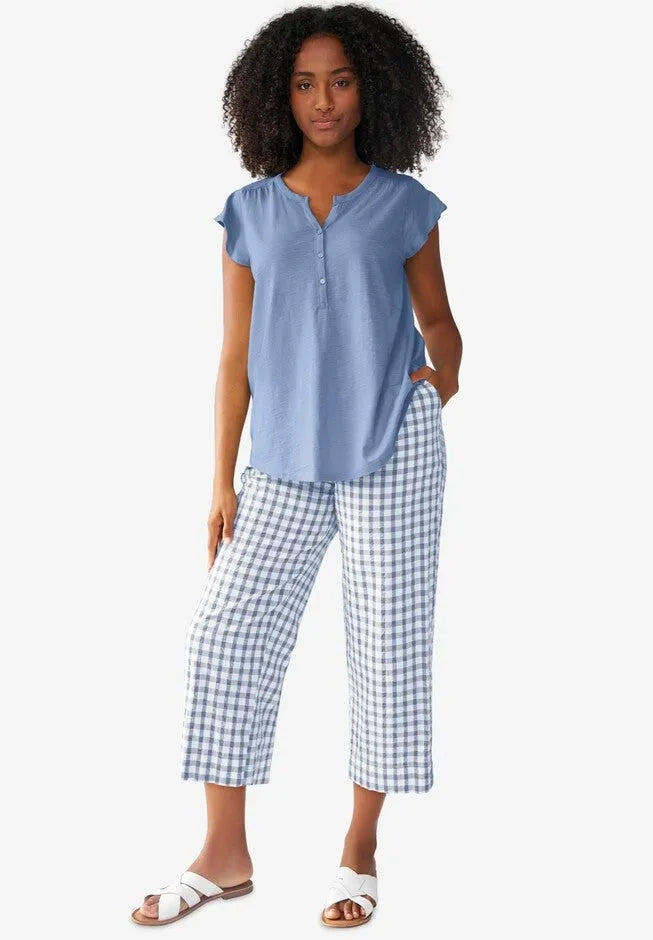100% Cotton Wide Leg Gingham Seersucker Back Elastic Waist Crop Pants