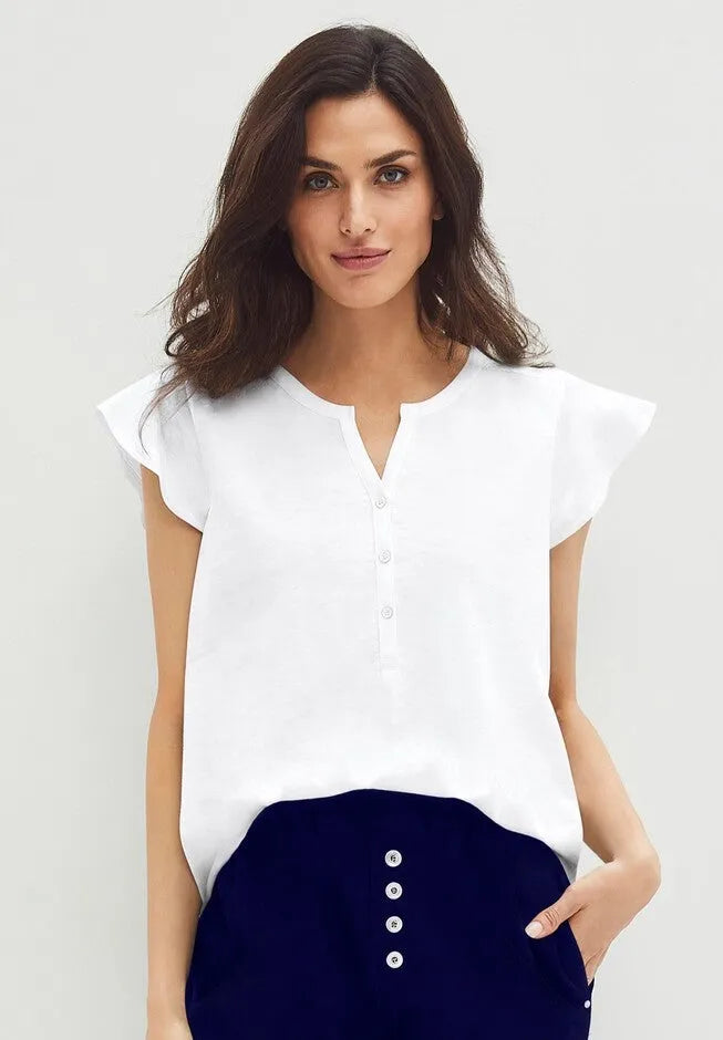 100% Cotton Slub Cap Sleeve A-Line Henley Tee