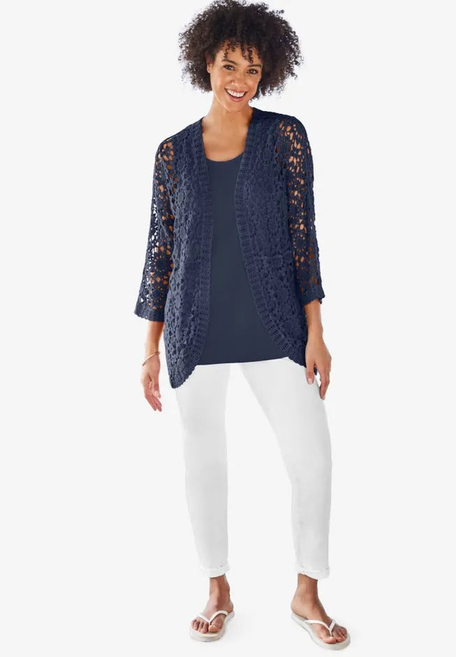 Crochet Curved-Hem Cardigan Sweater