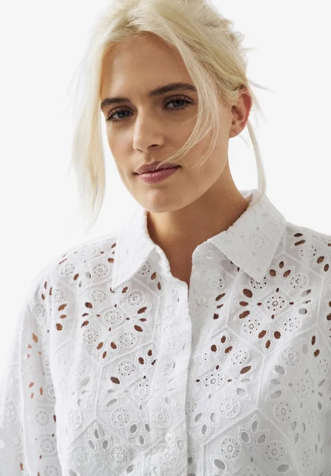 100% Cotton Cambric Eyelet Button-Front Blouson Sleeve Shirt