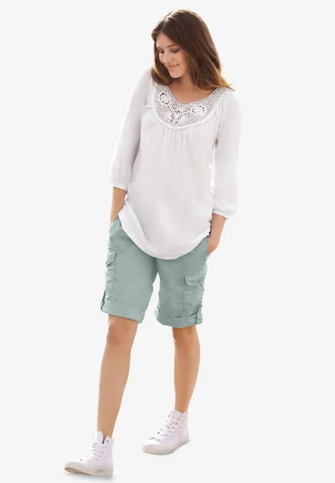 2 in 1 Mid-Rise Stretch Cotton Convertible Cargo Bermuda To Shorts