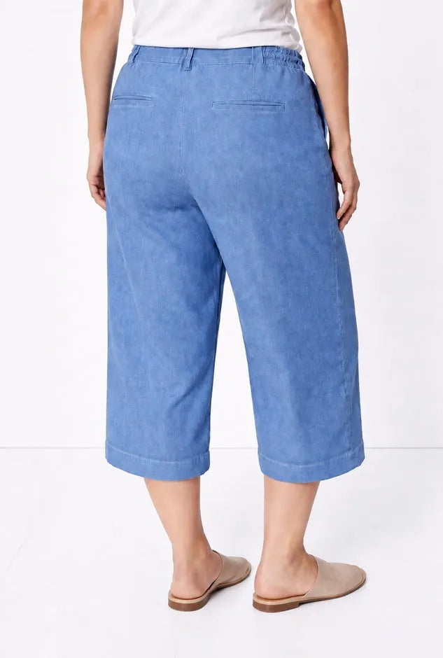 100% Cotton Mid-Rise Lightweight Denim Elastic Waist Wide-Leg Crop Trouser Jeans
