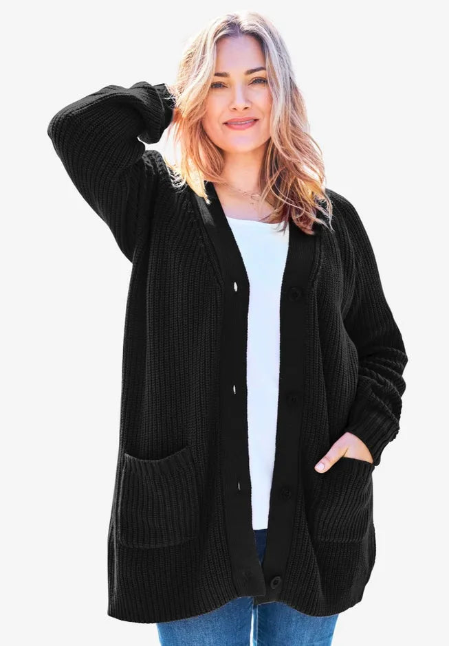 Shaker Button-Front Cardigan Sweater