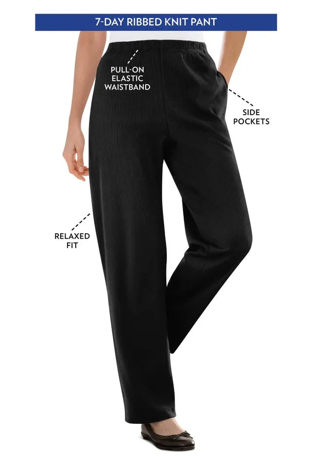 7-Day Knit Ribbed Straight-Leg Pull-On Pants