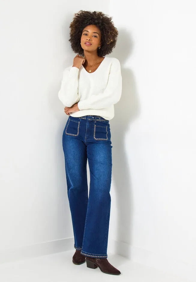Embroidered Wide Leg Jeans